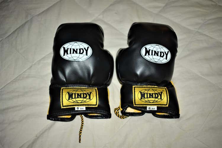 Windy 6oz Lace up Boxing Gloves, Black/Yellow