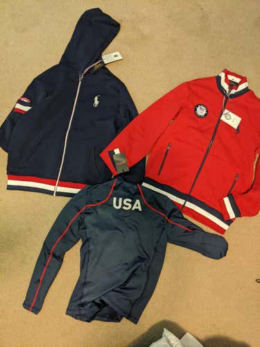 2018 Winter Olympics Bundle: 1 blue polo hoodie, 1 red polo crewneck, 1 spyder base layer