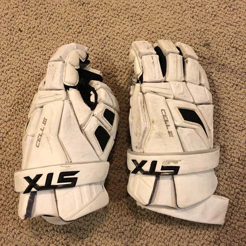 White Used Player STX Cell III 13" Lacrosse Gloves