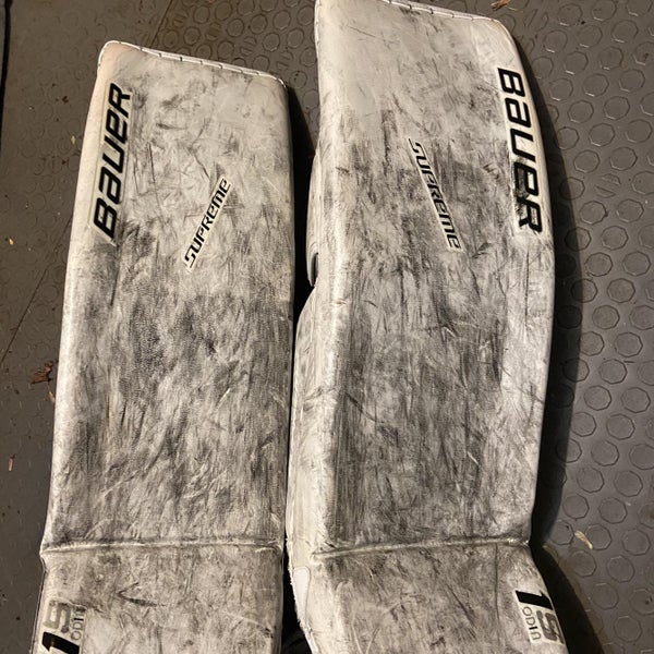White Used 35" Bauer Supreme 1S Pro Stock Goalie Leg Pads