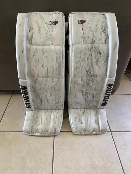 White Used Senior 33" Vaughn Velocity V7 Goalie Leg Pads Pro Stock