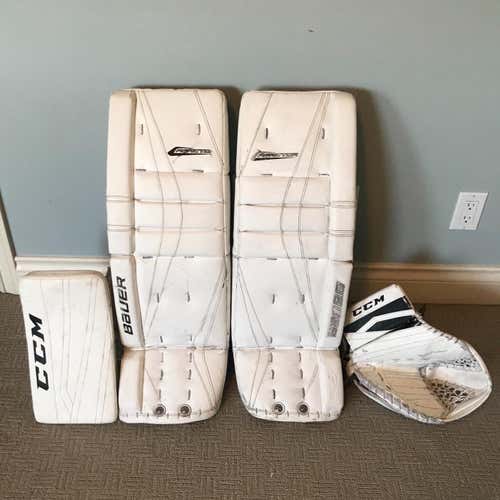 White Used Intermediate 30 + 1" Bauer Regular Reactor 7000, Eflex glove and blocker Goalie Full Set