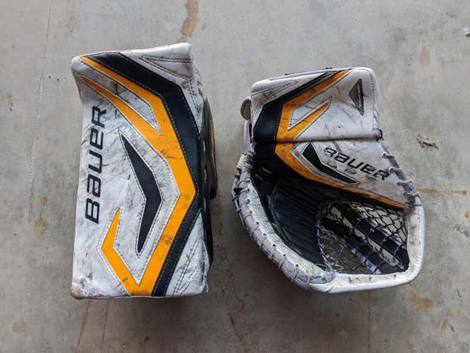 Senior Pro Bauer Supreme One100 glove and blocker set, white/black/yellow