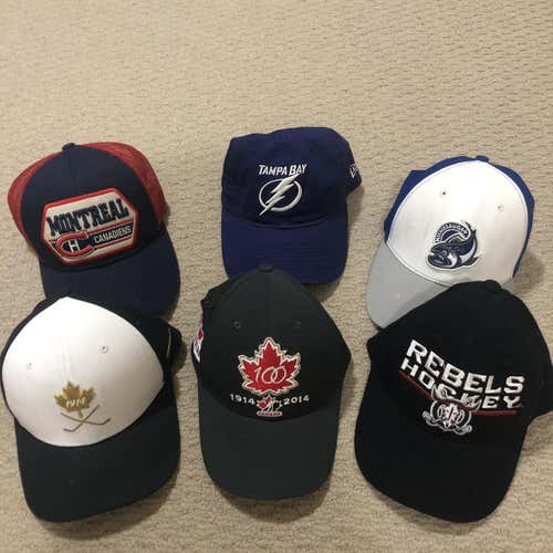 6 Assorted/Rare Hockey Hats, Adjustable/One Size