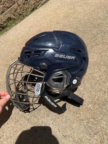 Navy Blue Used Small Bauer Re-Akt 95  Helmet With Grey Re-Akt Cage Combo