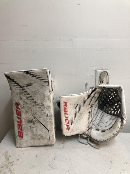 White Senior Used Bauer Regular Supreme 2S Glove and Blocker (Heavily Worn)
