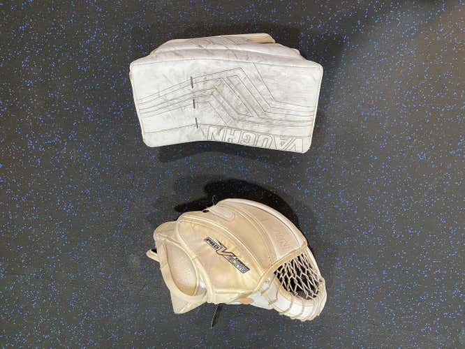 White Senior Used Vaughn Regular Pro V Elite Pro Carbon Glove and Blocker Combo