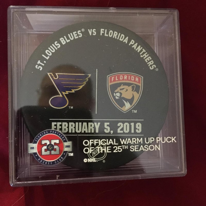 2019 STL Blues vs Florida Panthers Game Used NHL Warm Up Hockey Puck