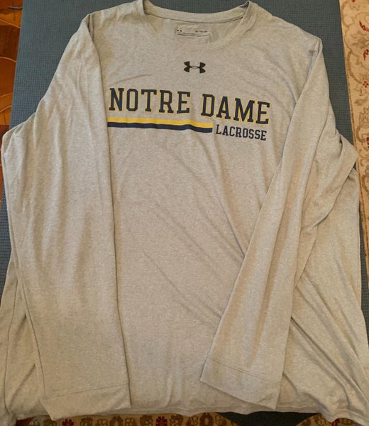 Notre Dame Lacrosse Team Issued Gray Long Sleeve T-Shirt (Size XL), 28 on back middle