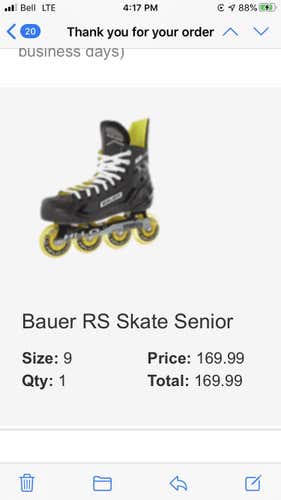 Senior Bauer Regular Width Size 9 Inline Skates