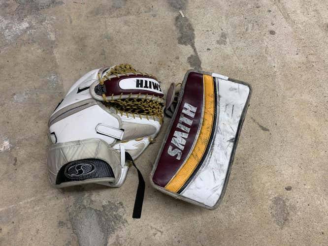 White, Yellow, Maroon Senior Used Smith Glove and Blocker