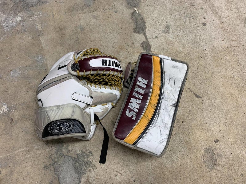 White, Yellow, Maroon Senior Used Smith Glove and Blocker