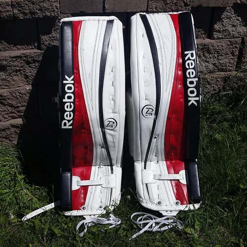 35+3 Reebok Premier 18k Senior Goalie Leg Pads | White/Black/(Removable Red) | Senior |