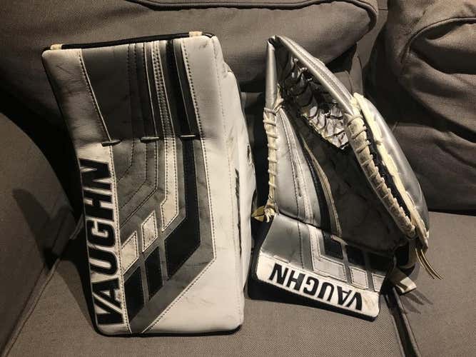 Black & Silver Senior Used Vaughn Regular VE8 Pro Carbon Pro Stock Glove & Blocker