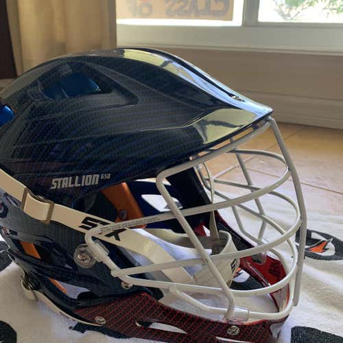 Carbon Fiber Blue/Red Used Team Issued(Brett Queener)Player's STX Stallion 650 Helmet #1