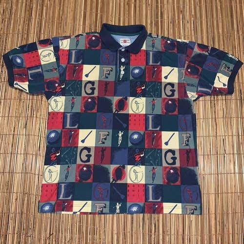 Vintage 90s Cotton Traders Sport Golf Polo Shirt Mens Size L Rare All Over Print