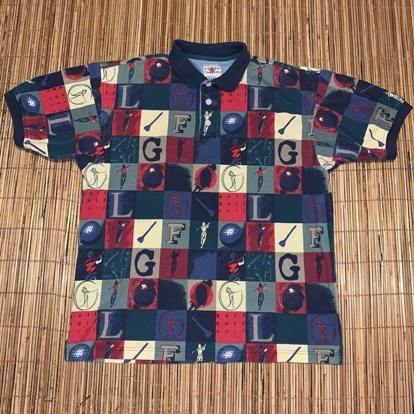 Vintage 90s Cotton Traders Sport Golf Polo Shirt Mens Size L Rare All Over Print