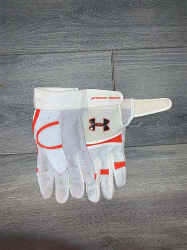 White & Black/Orange Used XL Under Armour Batting Gloves