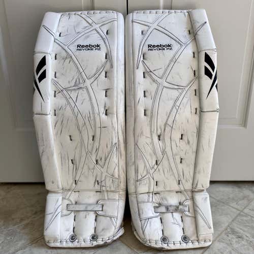 White Used 33" Reebok Revoke 7000 Pro Stock Goalie Leg Pads