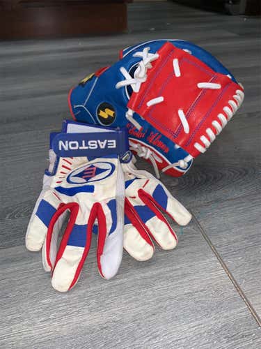 Rarely Used Red,Blue & White SSK Ikigai Infield Glove 11.5” With Easton Batting Gloves