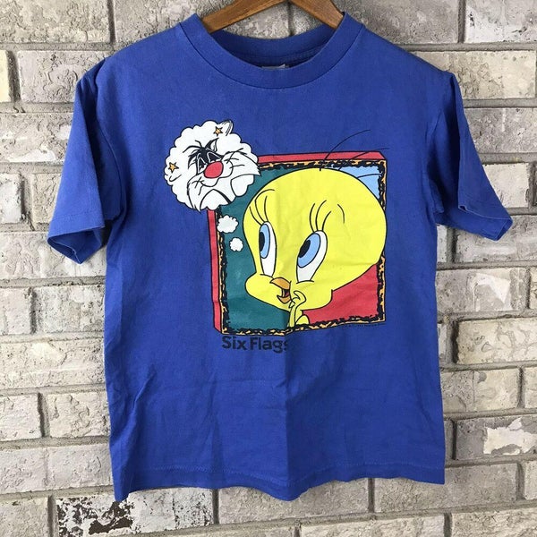 Vintage 90s Tweetie Bird Six Flags Kids Youth Large 14-16 Cotton T Shirt  USA Vtg