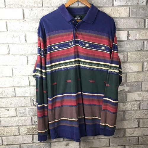 Vintage Dockers Levis Aztec Stripe Color Block Long Sleeve Polo Mens XL Cotton