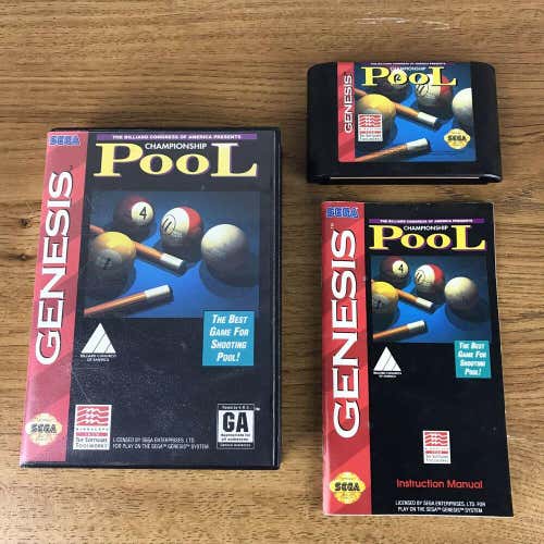 Championship Pool (Sega Genesis, 1993) - COMPLETE Game w/ CASE & MANUAL Rare