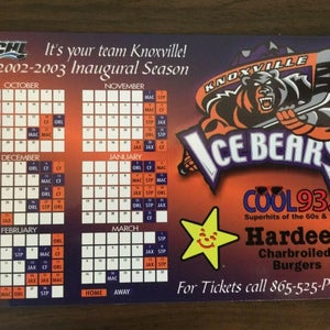Knoxville Ice Bears 2002-2003 INAUGURAL SEASON ACHL SGA Hockey Schedule Magnet!