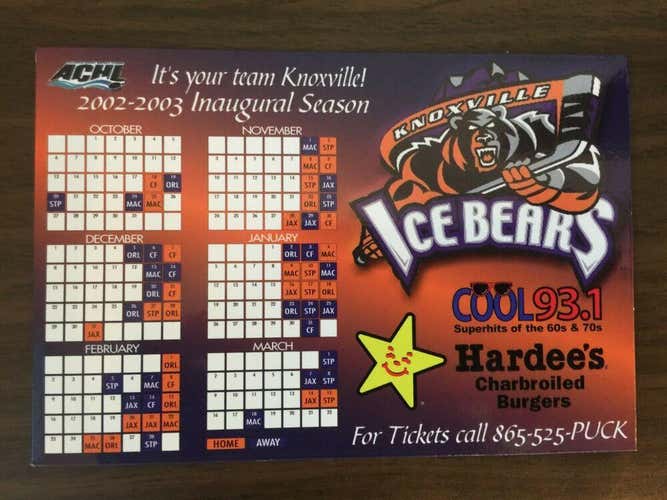 Knoxville Ice Bears 2002-2003 INAUGURAL SEASON ACHL SGA Hockey Schedule Magnet!