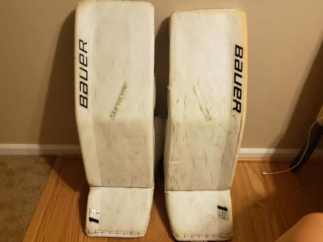 White Used Senior 36" Bauer Supreme 1S Goalie Leg Pads Pro Stock