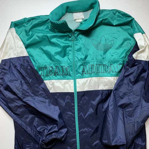 Vintage 80s Adidas Windbreaker Jacket Large Mens Hoodie Rare Vtg Silver Trefoil