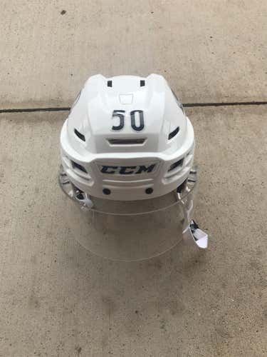 White Used Medium CCM Tacks 110 Pro Stock Helmet Colorado Avalanche Stock
