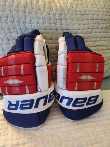 Red Used Senior Bauer Gloves 15" Pro Stock