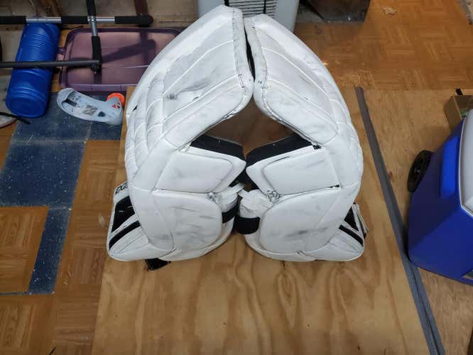 White Used Senior 33" CCM Extreme Flex lll Goalie Leg Pads Pro Stock