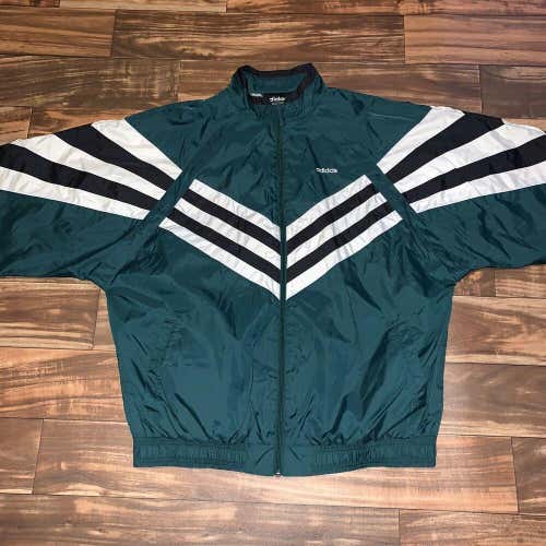 Vintage 90s Green Adidas Windbreaker Track Jacket Sz XL 3-Stripes Trefoil Zip Up