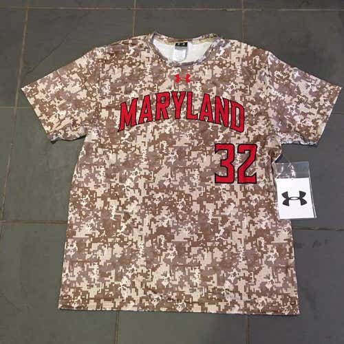 RARE New MARYLAND TERPS #32 Under Armour Baseball Jersey Shirt Desert Camo LG