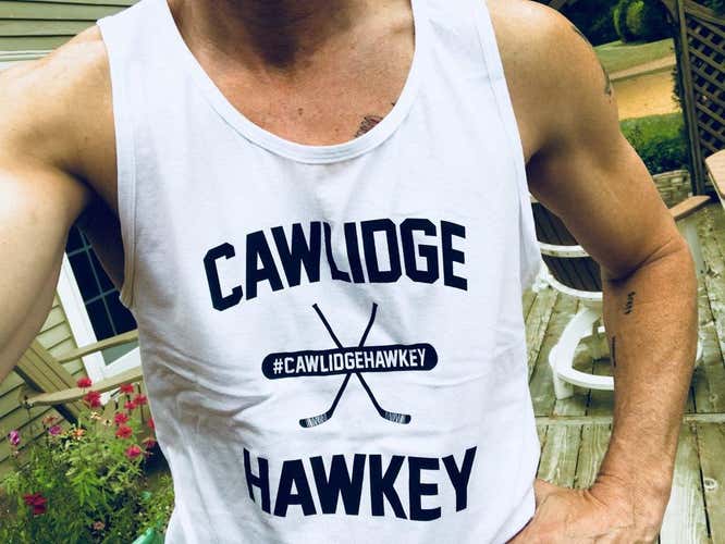 Brand New #CawlidgeHawkey Buccigross Mens Tank Top Large White College Hockey