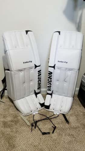 White Used Senior 33" Vaughn Velocity 7990 Goalie Leg Pads Pro Stock
