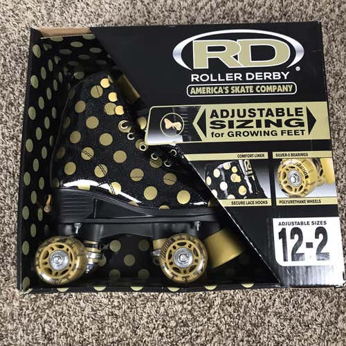 BRAND NEW Roller Derby BLACK GOLD Polka Dot Skates girls ADJUSTABLE Size 12-2