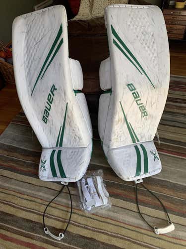 White Used Senior 35" Bauer Vapor 2X Pro Goalie Leg Pads Pro Stock (Professor strap added!)