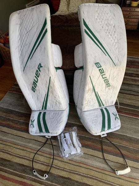 White Used Senior 35" Bauer Vapor 2X Pro Goalie Leg Pads Pro Stock (Professor strap added!)