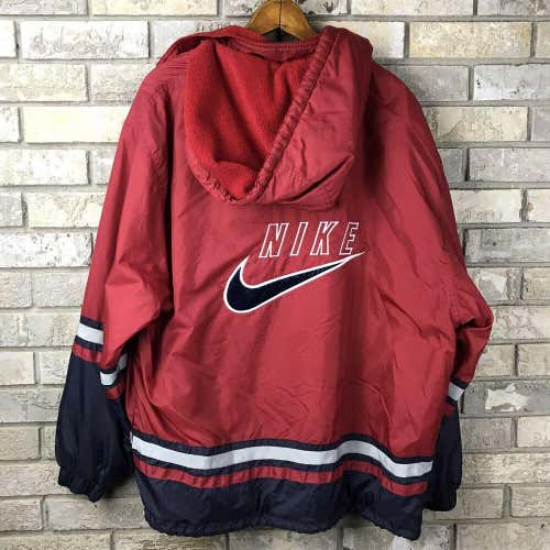 Vintage 90s Nike Air Big Logo Jacket Coat W/ Hood Size XL Red Color Block White