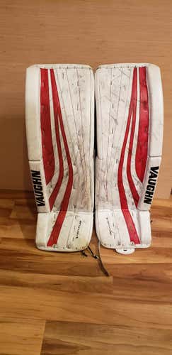 White, red, and black Used Senior 34"+2" Vaughn Ventus SLR Senior Goalie Leg Pads