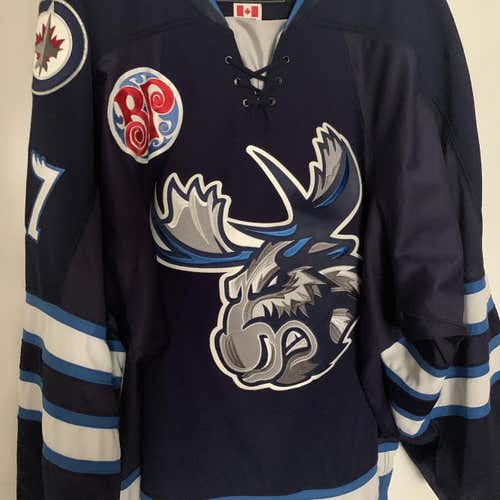 Game Worn Manitoba Moose #17 Jimmy Lodge 2017-18 AHL CCM MiC Away Jersey
