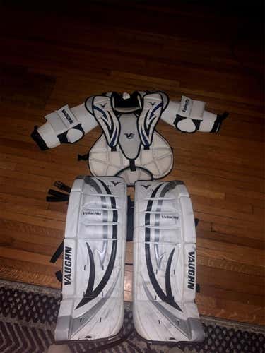 White Youth 26" Vaughn Velocity V5  Goalie Leg Pads WITH CHEST PAD