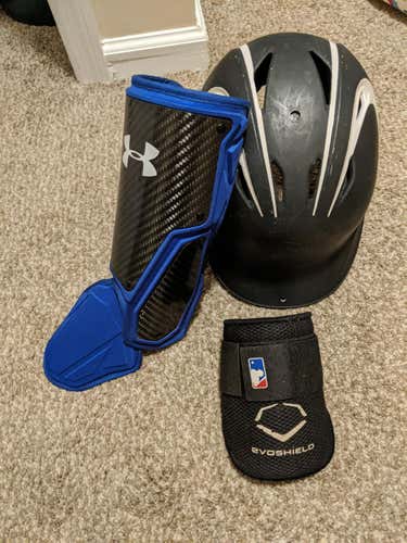 Used EvoShield elbow guard, Mizuno Helmet and Under Armour Leg Guard (LHB)
