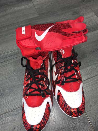 Never Used Red & White Nike Air max 9.5” / Red Nike Batting Gloves Included LG