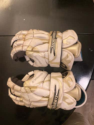 White Used Player's Warrior Superfreak II 13" Lacrosse Gloves