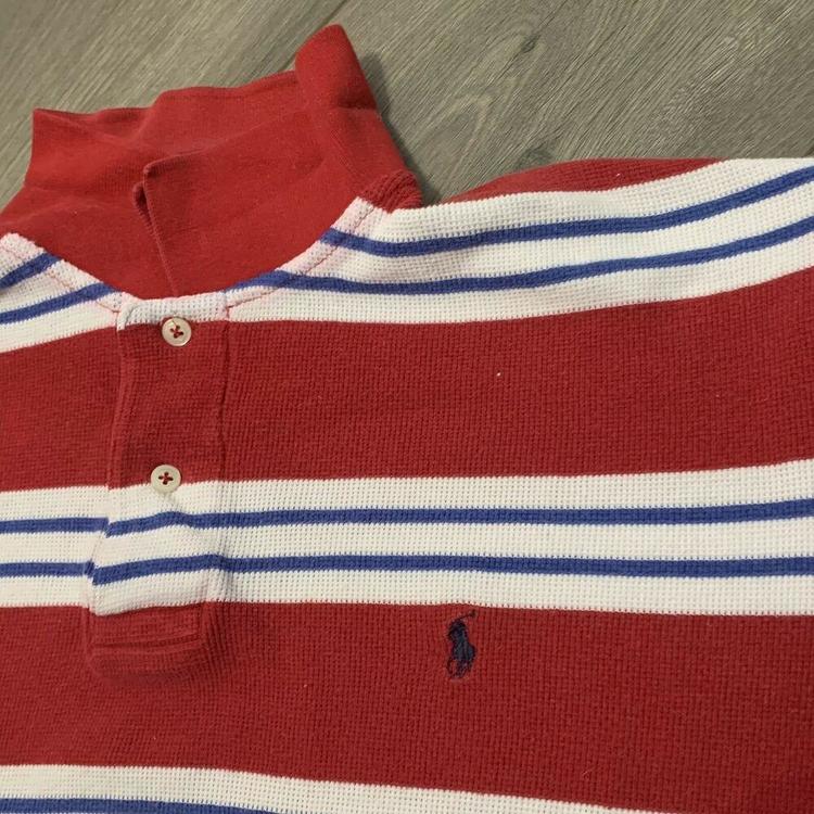 red and white striped polo shirt