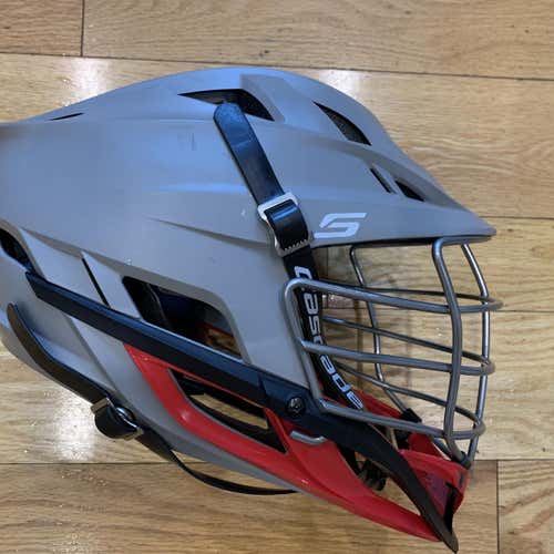 Used Cascade S Helmet. Matte Gray Shell, Chrome Cage, Red Chin, Black Chinstrap